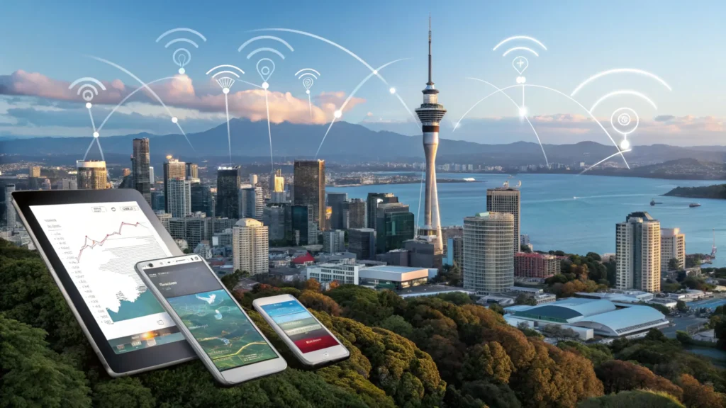 Auckland city digital marketing trends concept image showing the Sky Tower and harbour.