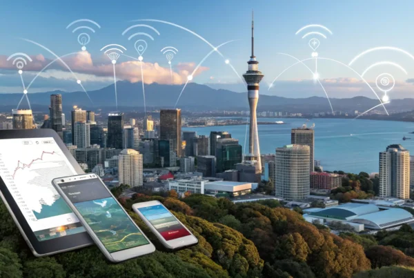 Auckland city digital marketing trends concept image showing the Sky Tower and harbour.