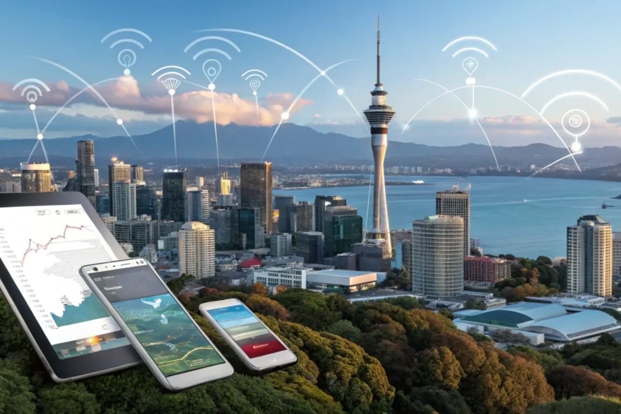 Auckland city digital marketing trends concept image showing the Sky Tower and harbour.