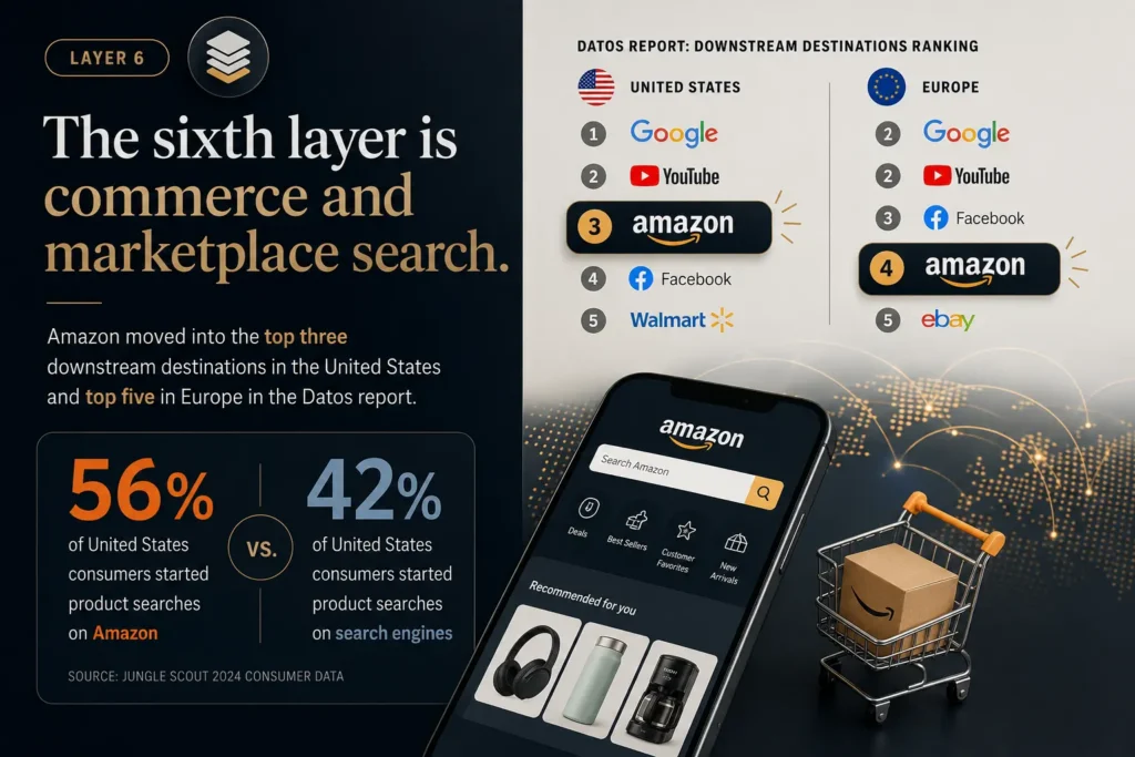 Infographic showing Amazon’s growth in commerce and marketplace search, with 56% of U.S. consumers starting product searches on Amazon instead of search engines.